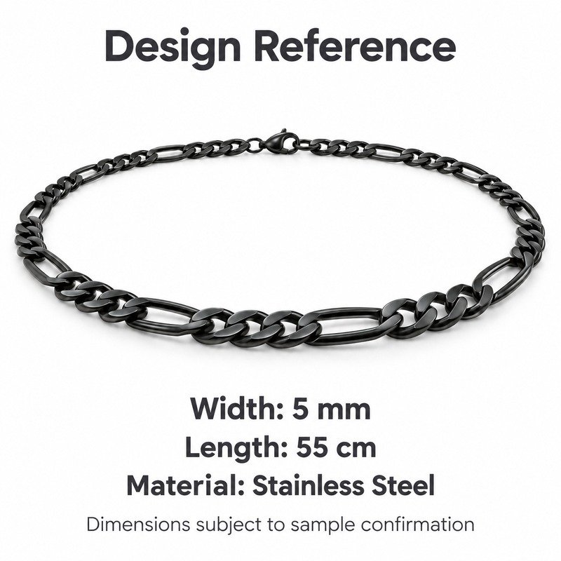 mens black Stainless Steel 5mm figaro chain necklace, design reference dimensions and material specifications