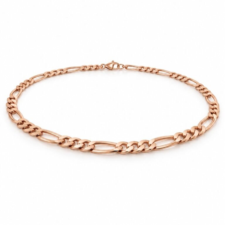 womens rose gold Stainless Steel 3mm figaro chain necklace, at a 45-degree angle on white