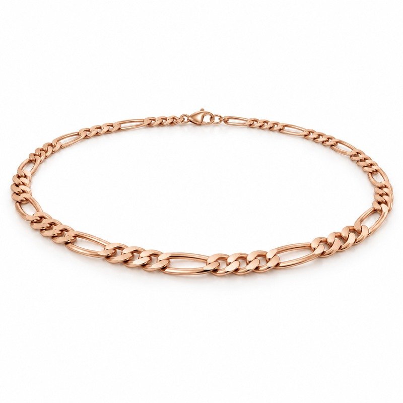 womens rose gold Stainless Steel 3mm figaro chain necklace, at a 45-degree angle on white