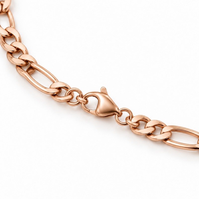womens rose gold Stainless Steel 3mm figaro chain necklace, reverse side and connection structure on white