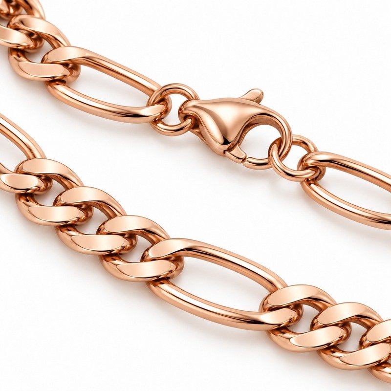 womens rose gold Stainless Steel 3mm figaro chain necklace, material and craftsmanship close-up