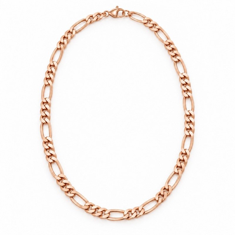womens rose gold Stainless Steel 3mm figaro chain necklace, front view on white