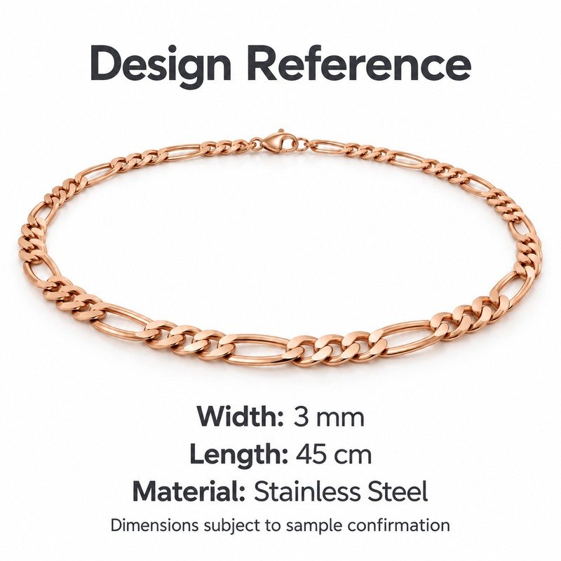 womens rose gold Stainless Steel 3mm figaro chain necklace, design reference dimensions and material specifications