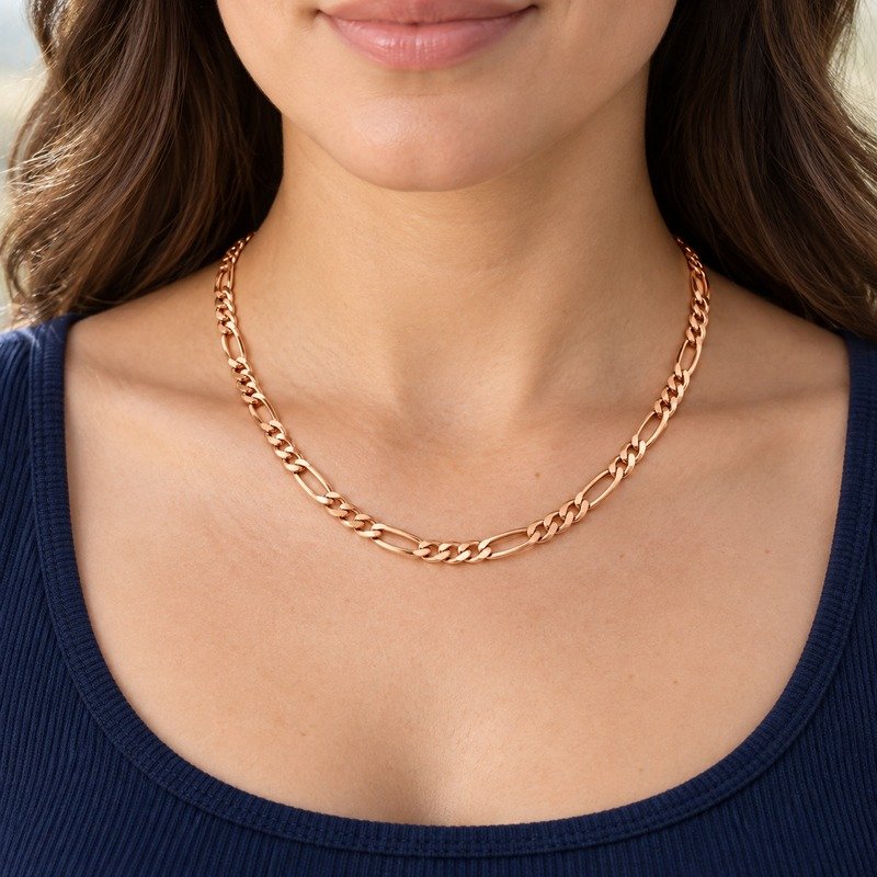 womens rose gold Stainless Steel 3mm figaro chain necklace, worn by an adult model