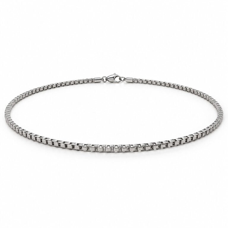 mens silver Stainless Steel 2mm box chain necklace, at a 45-degree angle on white