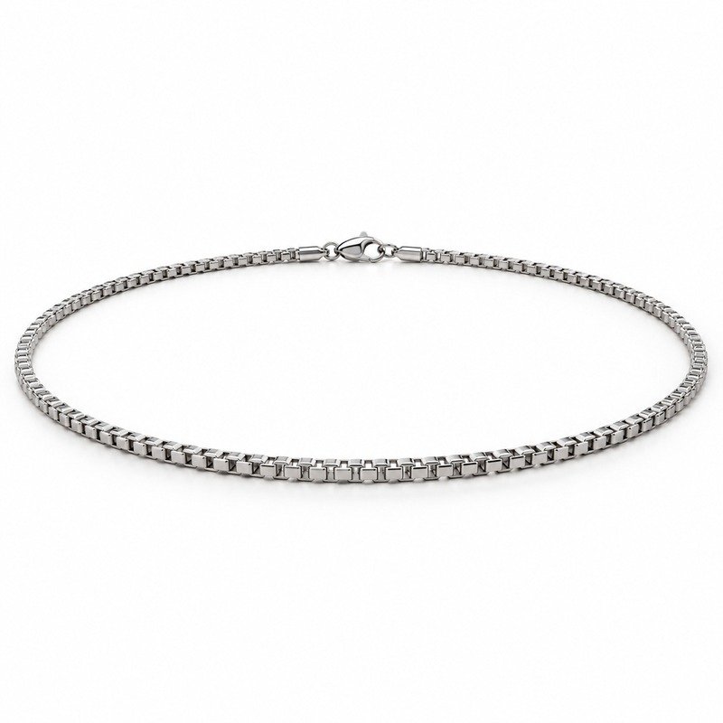 mens silver Stainless Steel 2mm box chain necklace, at a 45-degree angle on white