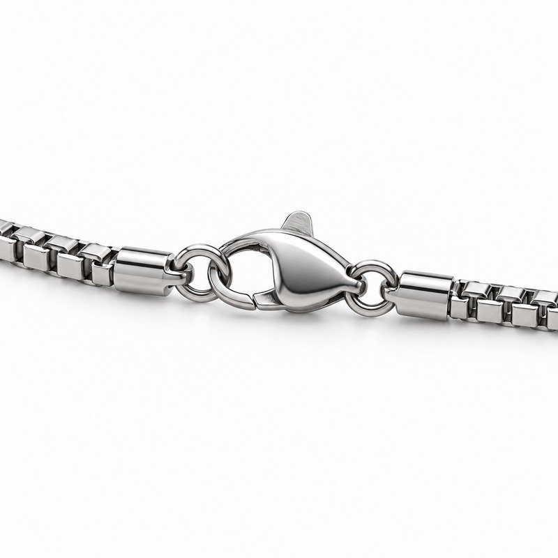 mens silver Stainless Steel 2mm box chain necklace, reverse side and connection structure on white