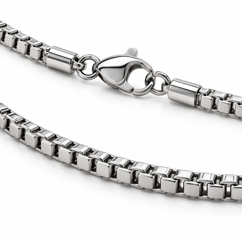 mens silver Stainless Steel 2mm box chain necklace, material and craftsmanship close-up