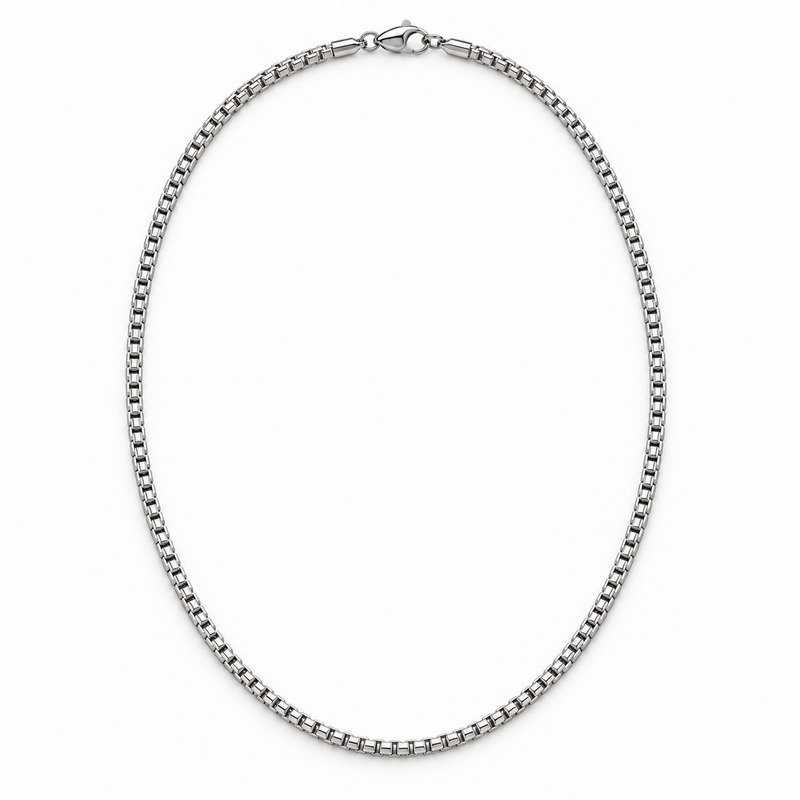 mens silver Stainless Steel 2mm box chain necklace, front view on white