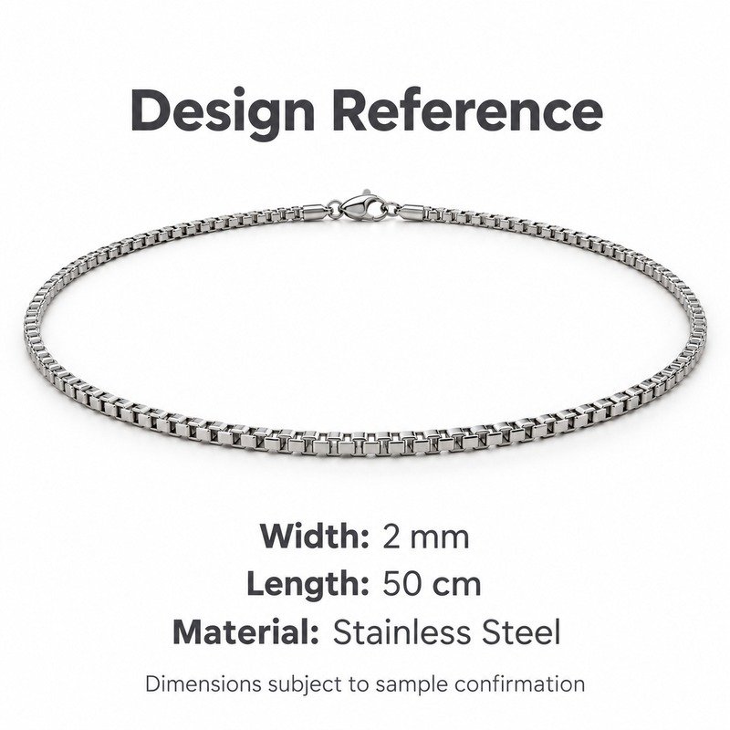 mens silver Stainless Steel 2mm box chain necklace, design reference dimensions and material specifications