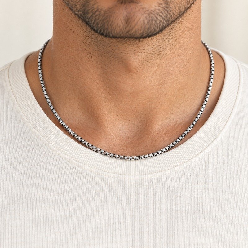 mens silver Stainless Steel 2mm box chain necklace, worn by an adult model