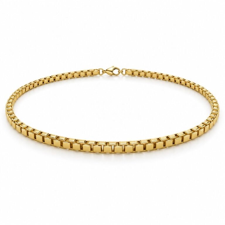 mens gold Stainless Steel 5mm box chain necklace, at a 45-degree angle on white