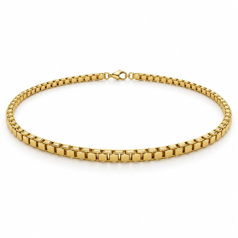 mens gold Stainless Steel 5mm box chain necklace, at a 45-degree angle on white