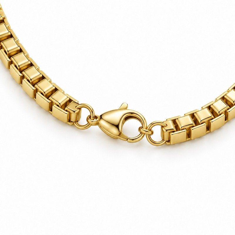 mens gold Stainless Steel 5mm box chain necklace, reverse side and connection structure on white