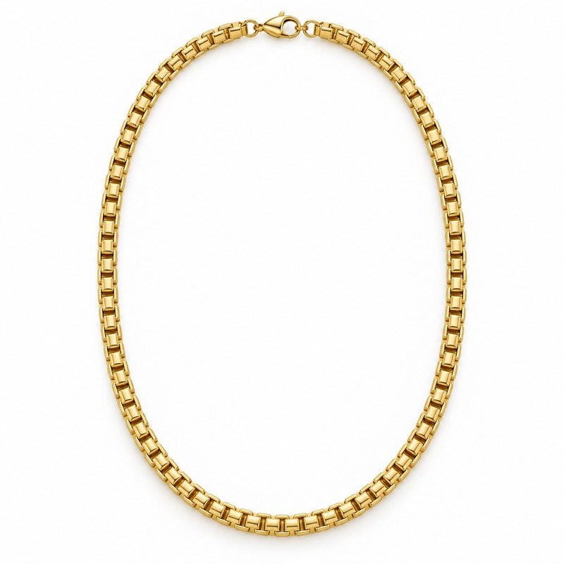 mens gold Stainless Steel 5mm box chain necklace, front view on white