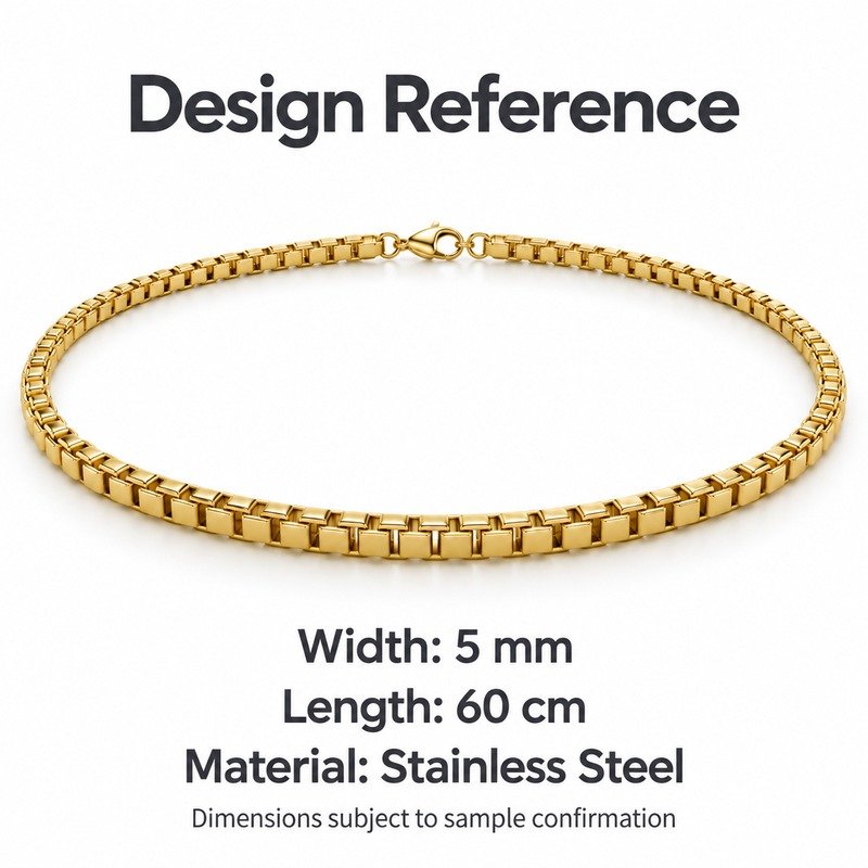 mens gold Stainless Steel 5mm box chain necklace, design reference dimensions and material specifications