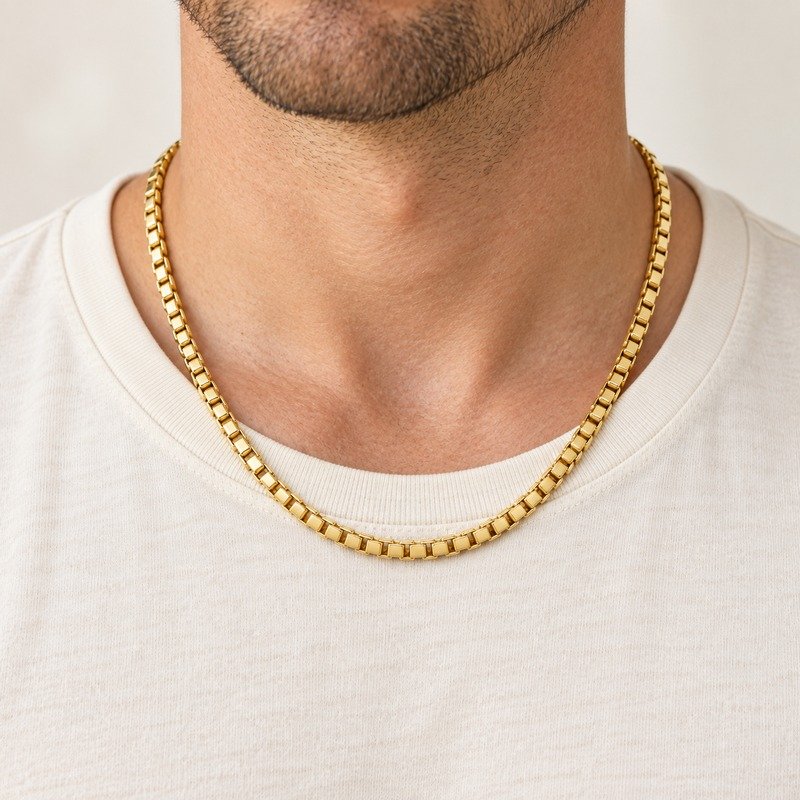 mens gold Stainless Steel 5mm box chain necklace, worn by an adult model
