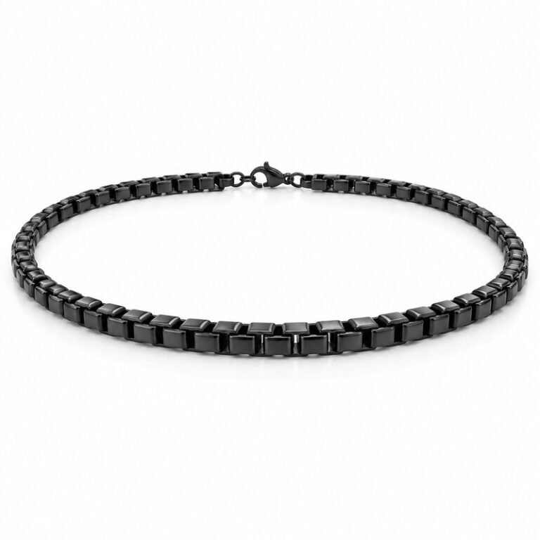 mens black Stainless Steel 6mm box chain necklace, at a 45-degree angle on white