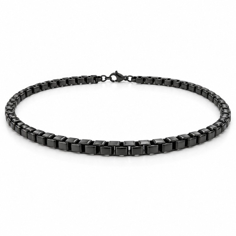 mens black Stainless Steel 6mm box chain necklace, at a 45-degree angle on white