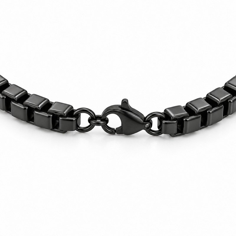 mens black Stainless Steel 6mm box chain necklace, reverse side and connection structure on white
