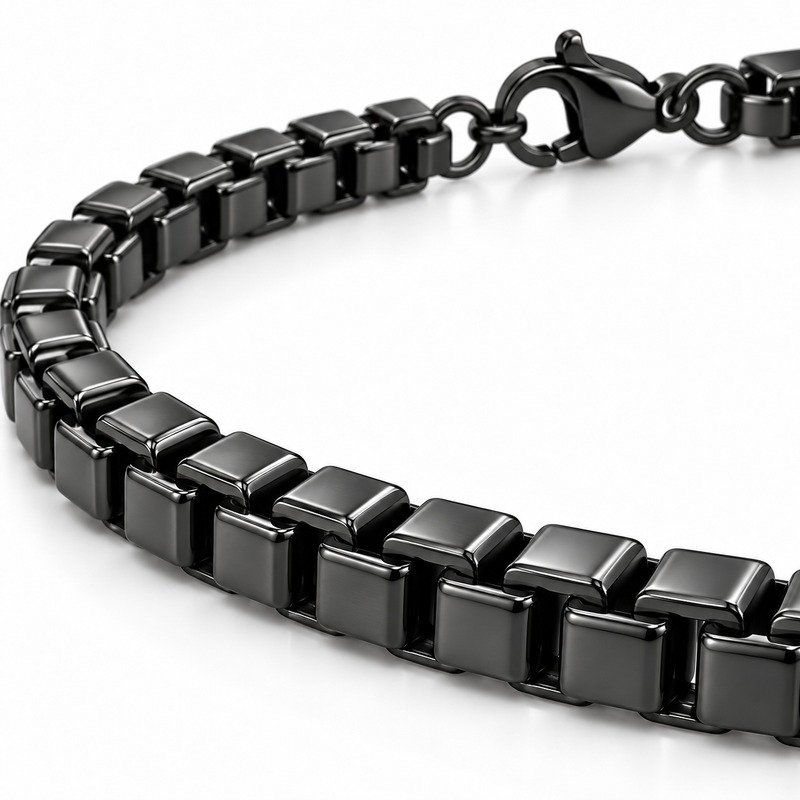 mens black Stainless Steel 6mm box chain necklace, material and craftsmanship close-up