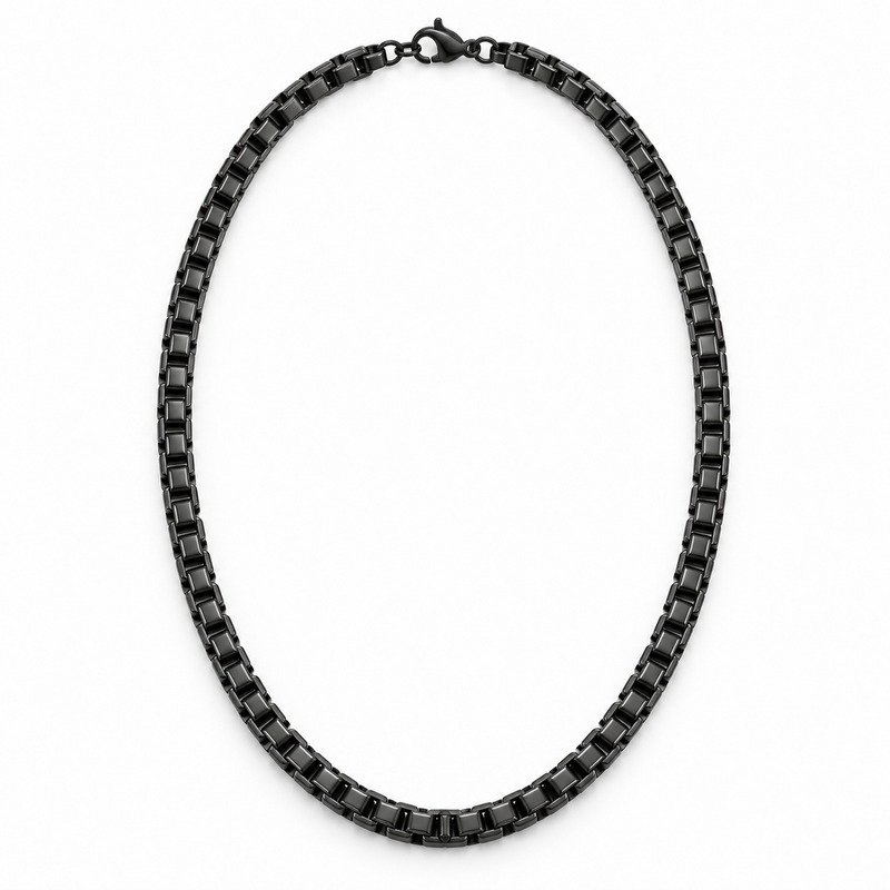 mens black Stainless Steel 6mm box chain necklace, front view on white