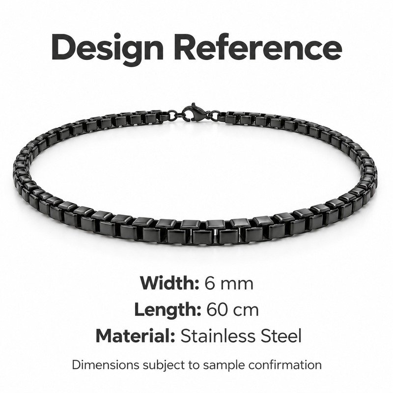 mens black Stainless Steel 6mm box chain necklace, design reference dimensions and material specifications