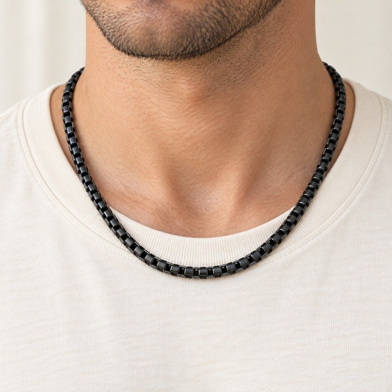 mens black Stainless Steel 6mm box chain necklace, worn by an adult model