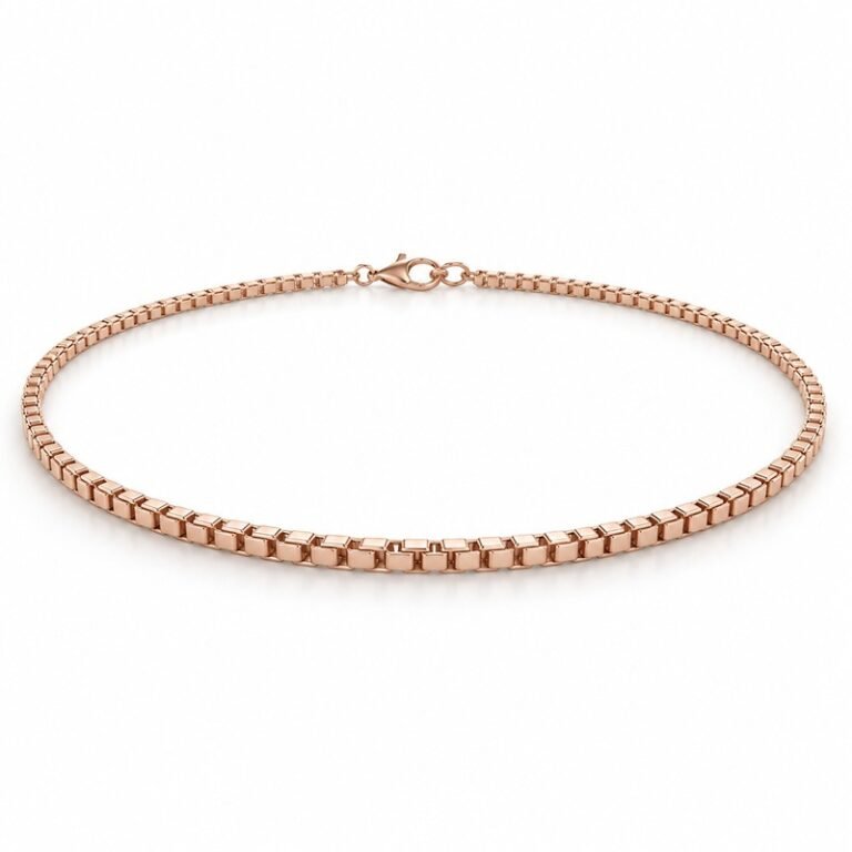 womens rose gold Stainless Steel 2mm box chain necklace, at a 45-degree angle on white