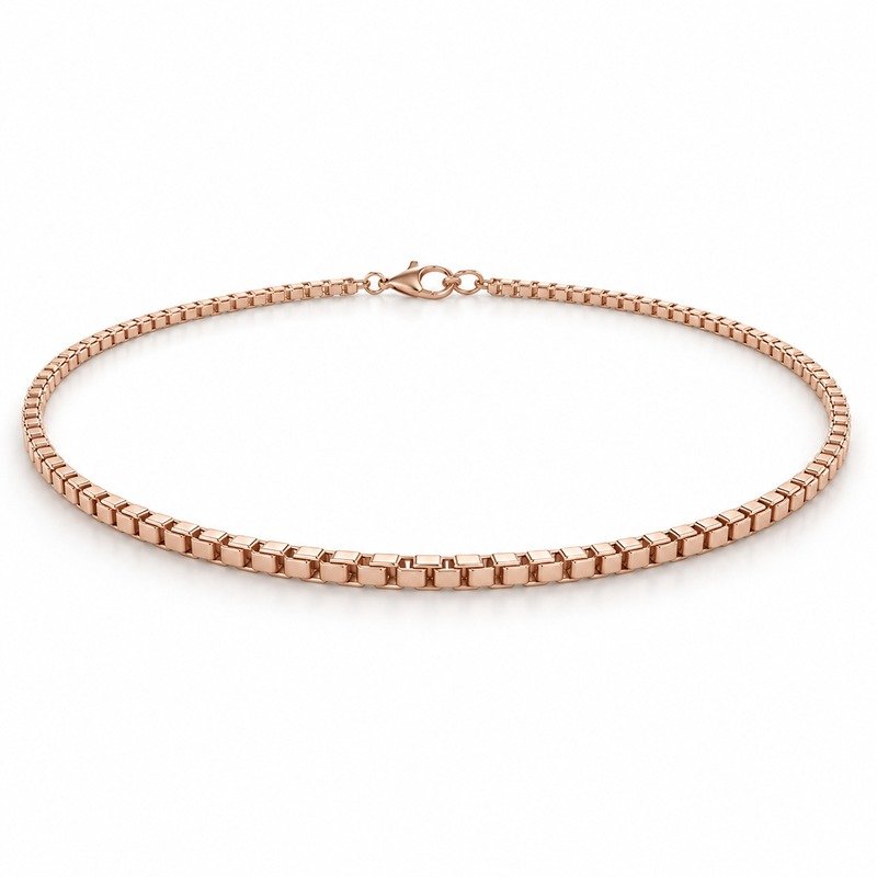 womens rose gold Stainless Steel 2mm box chain necklace, at a 45-degree angle on white
