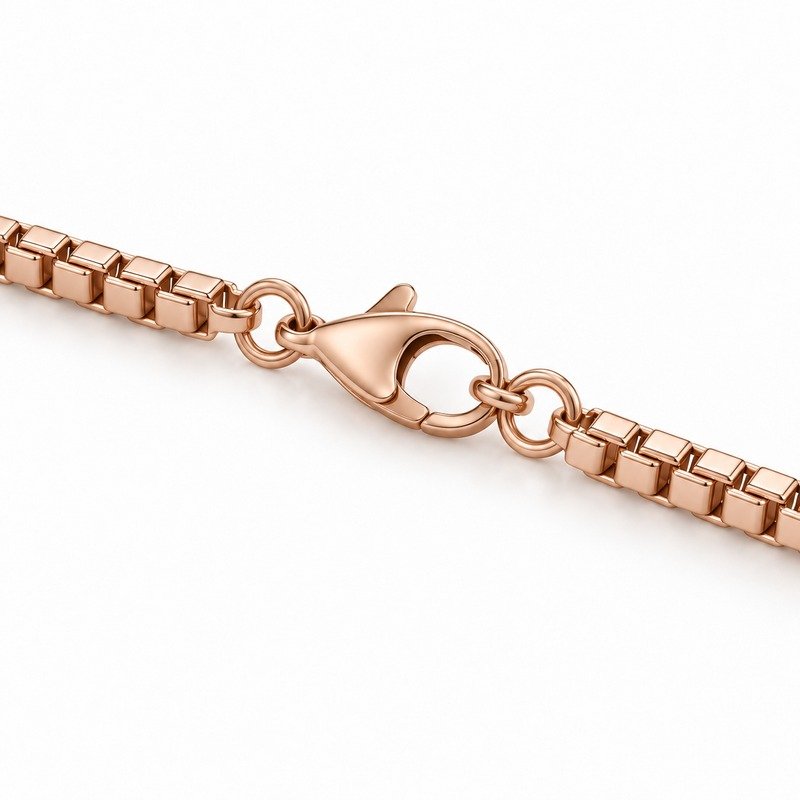 womens rose gold Stainless Steel 2mm box chain necklace, reverse side and connection structure on white