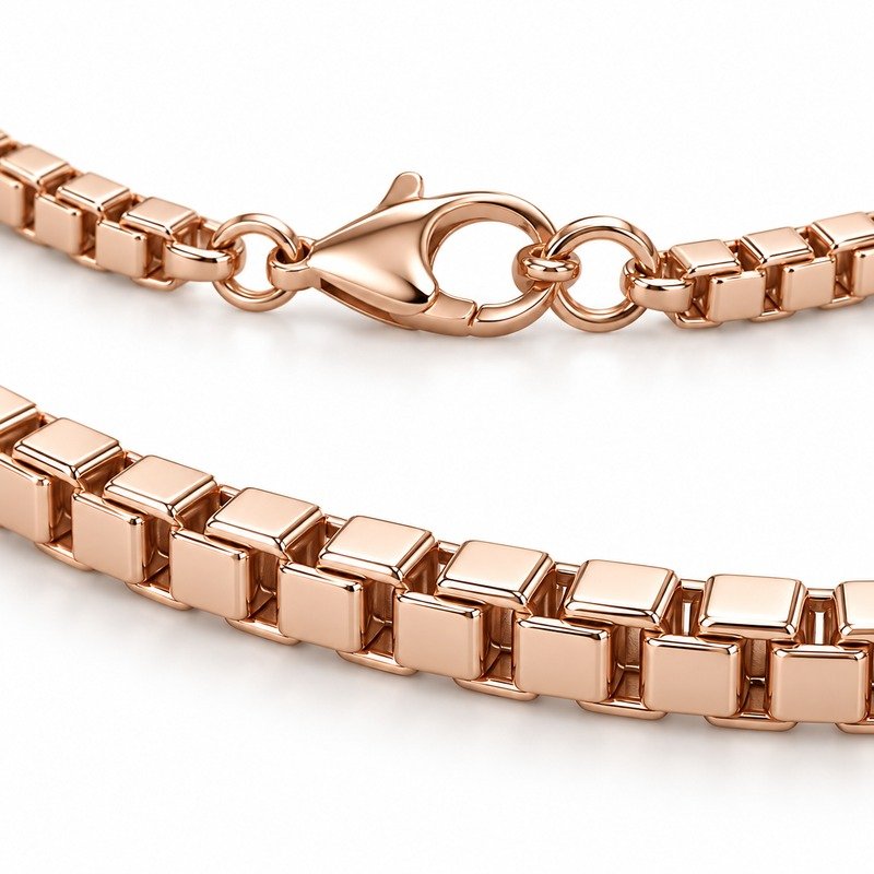 womens rose gold Stainless Steel 2mm box chain necklace, material and craftsmanship close-up