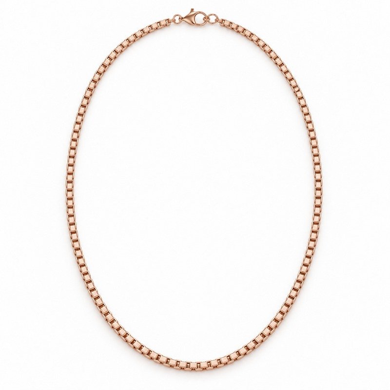 womens rose gold Stainless Steel 2mm box chain necklace, front view on white