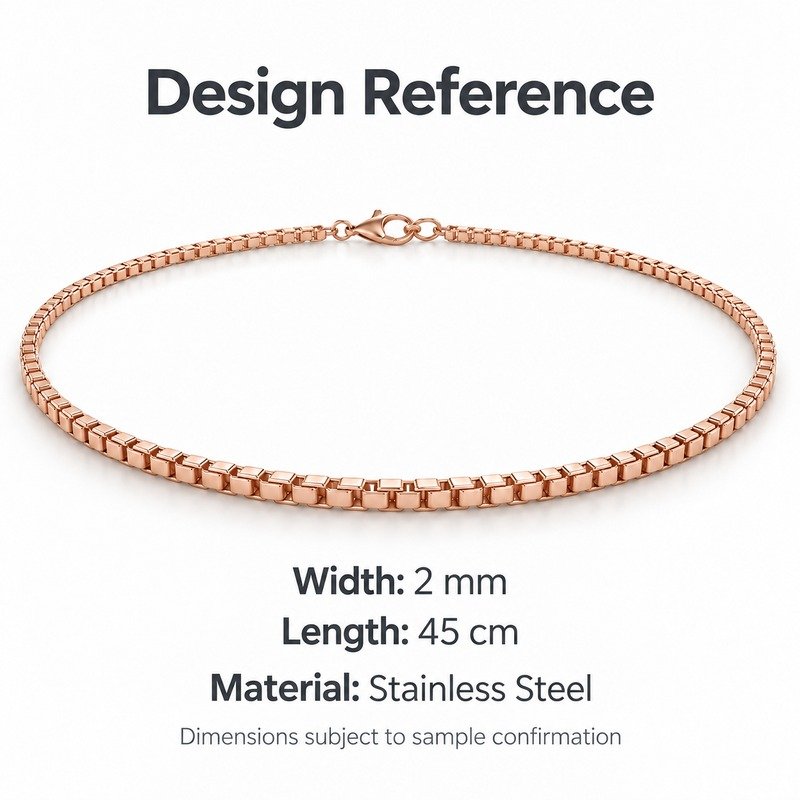 womens rose gold Stainless Steel 2mm box chain necklace, design reference dimensions and material specifications