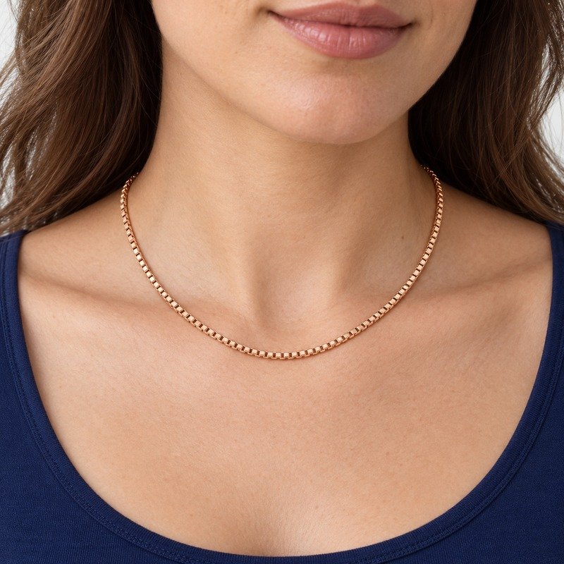 womens rose gold Stainless Steel 2mm box chain necklace, worn by an adult model