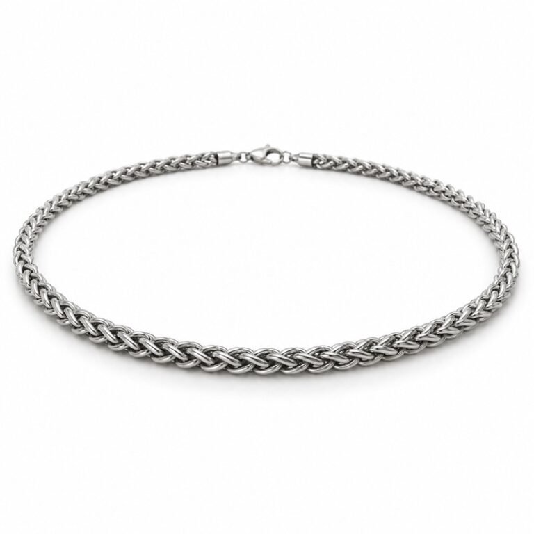 mens silver Stainless Steel 3mm wheat chain necklace, at a 45-degree angle on white
