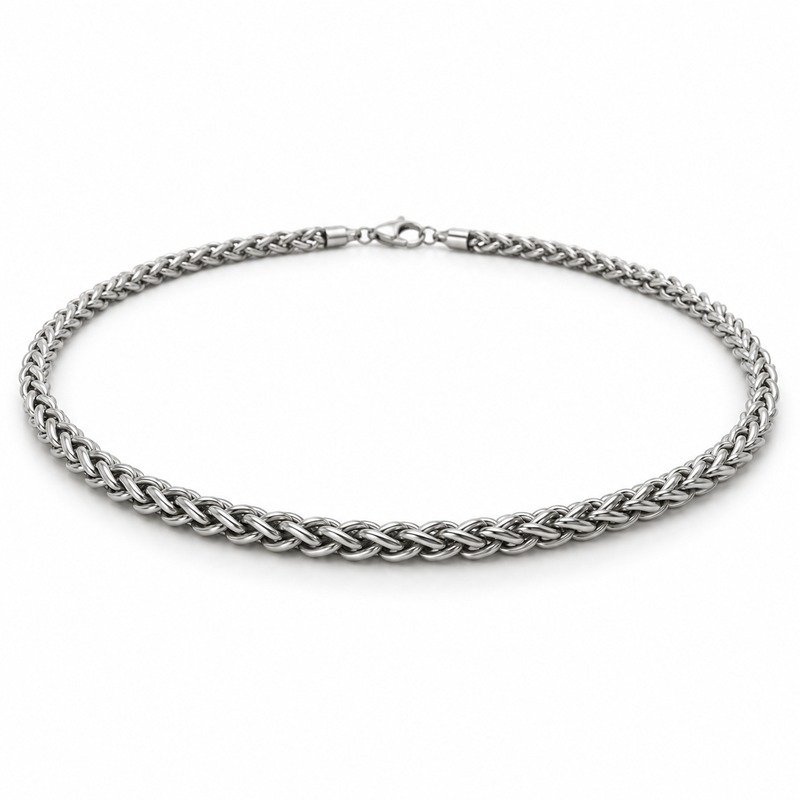 mens silver Stainless Steel 3mm wheat chain necklace, at a 45-degree angle on white