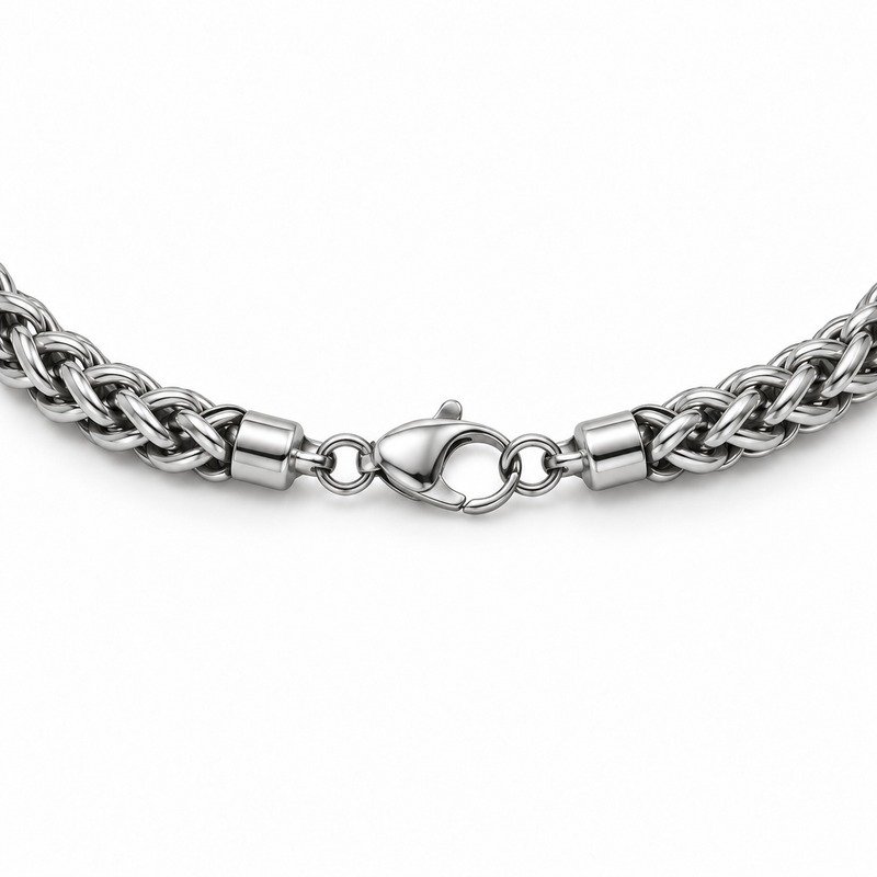 mens silver Stainless Steel 3mm wheat chain necklace, reverse side and connection structure on white