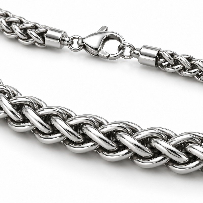 mens silver Stainless Steel 3mm wheat chain necklace, material and craftsmanship close-up