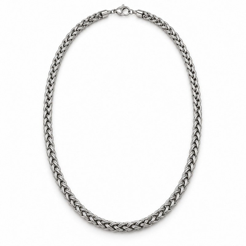 mens silver Stainless Steel 3mm wheat chain necklace, front view on white