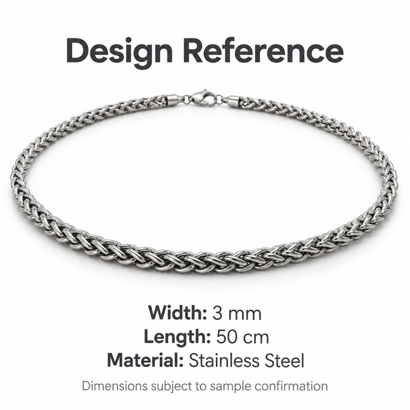 mens silver Stainless Steel 3mm wheat chain necklace, design reference dimensions and material specifications
