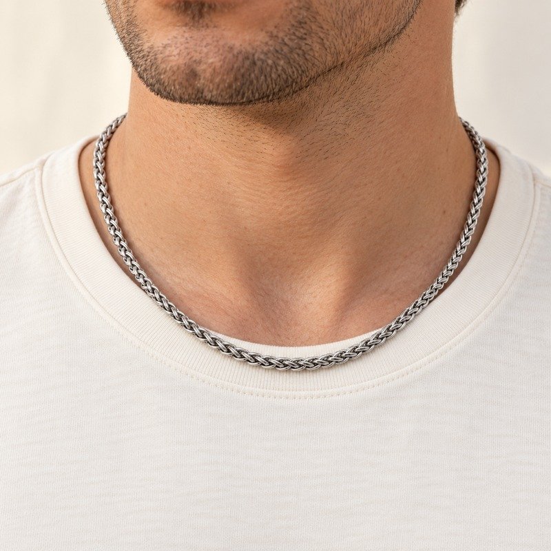 mens silver Stainless Steel 3mm wheat chain necklace, worn by an adult model