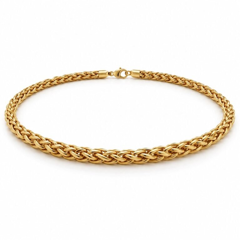 mens gold Stainless Steel 6mm wheat chain necklace, at a 45-degree angle on white