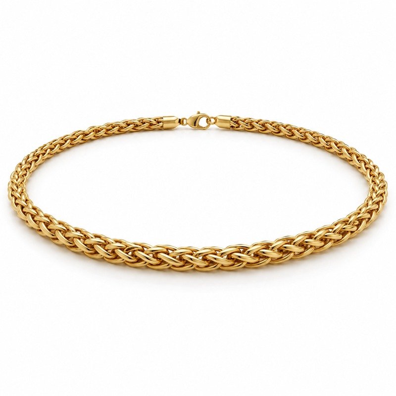 mens gold Stainless Steel 6mm wheat chain necklace, at a 45-degree angle on white