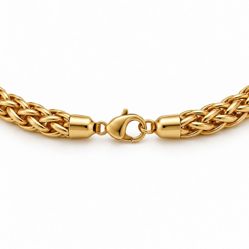 mens gold Stainless Steel 6mm wheat chain necklace, reverse side and connection structure on white