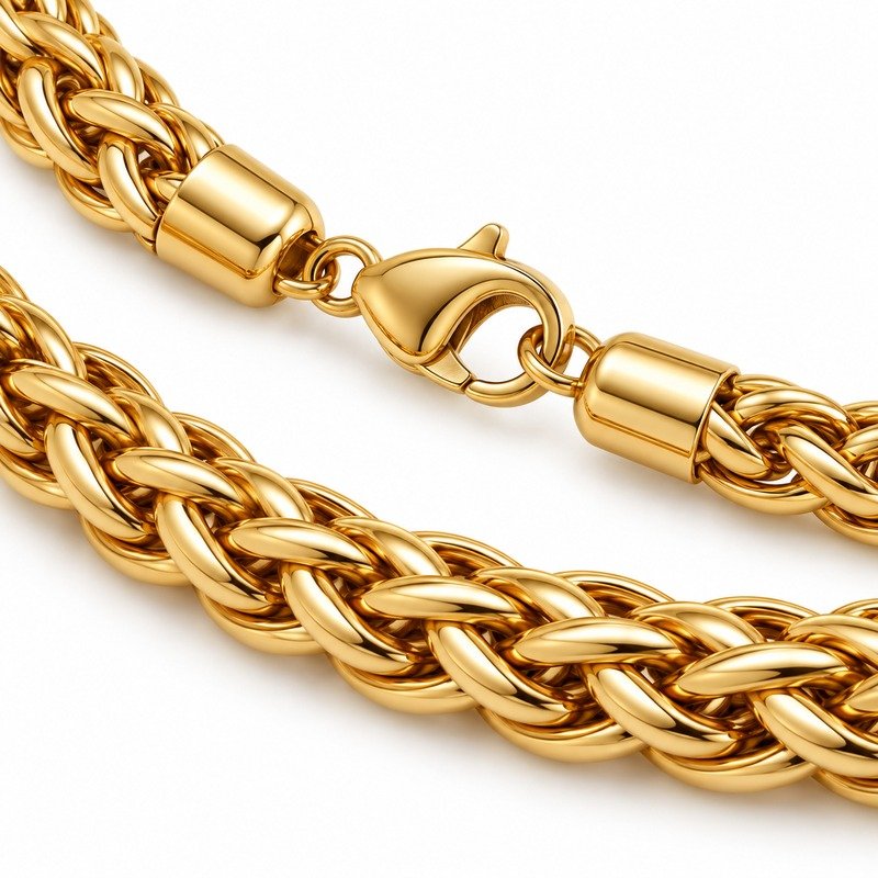mens gold Stainless Steel 6mm wheat chain necklace, material and craftsmanship close-up