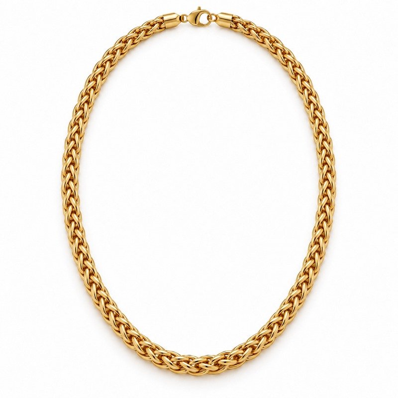 mens gold Stainless Steel 6mm wheat chain necklace, front view on white