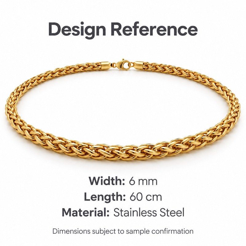 mens gold Stainless Steel 6mm wheat chain necklace, design reference dimensions and material specifications