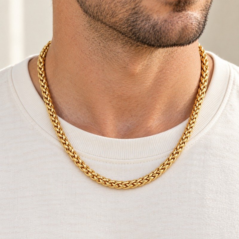 mens gold Stainless Steel 6mm wheat chain necklace, worn by an adult model