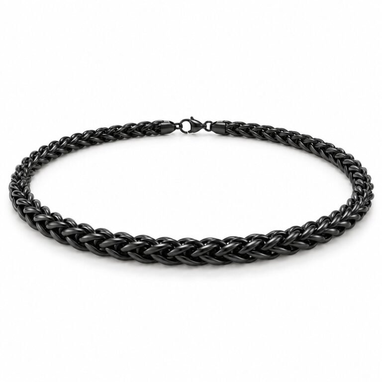 mens black Stainless Steel 8mm wheat chain necklace, at a 45-degree angle on white